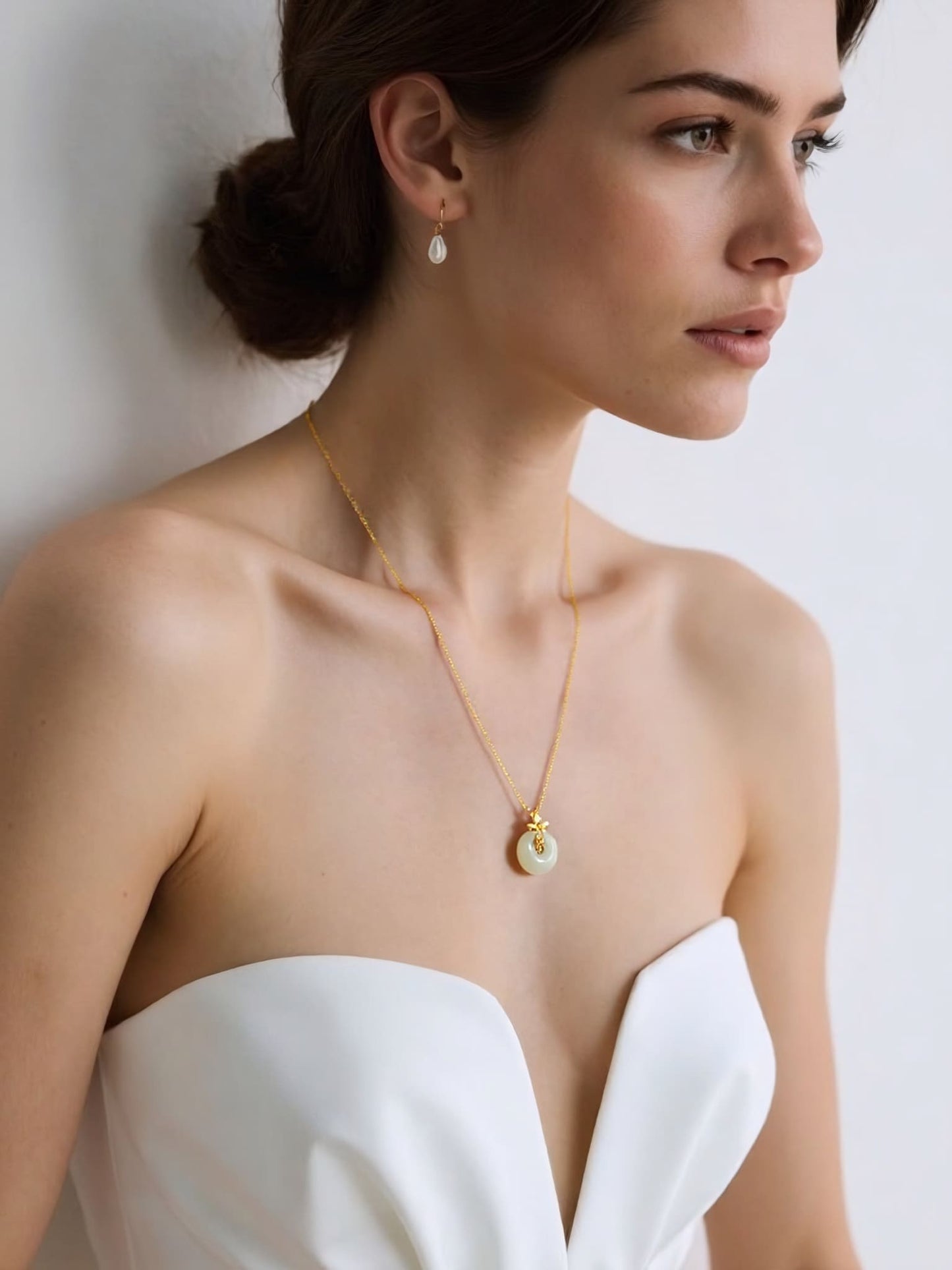 Lotus Blossom & White Jade Circle Pendant Necklace