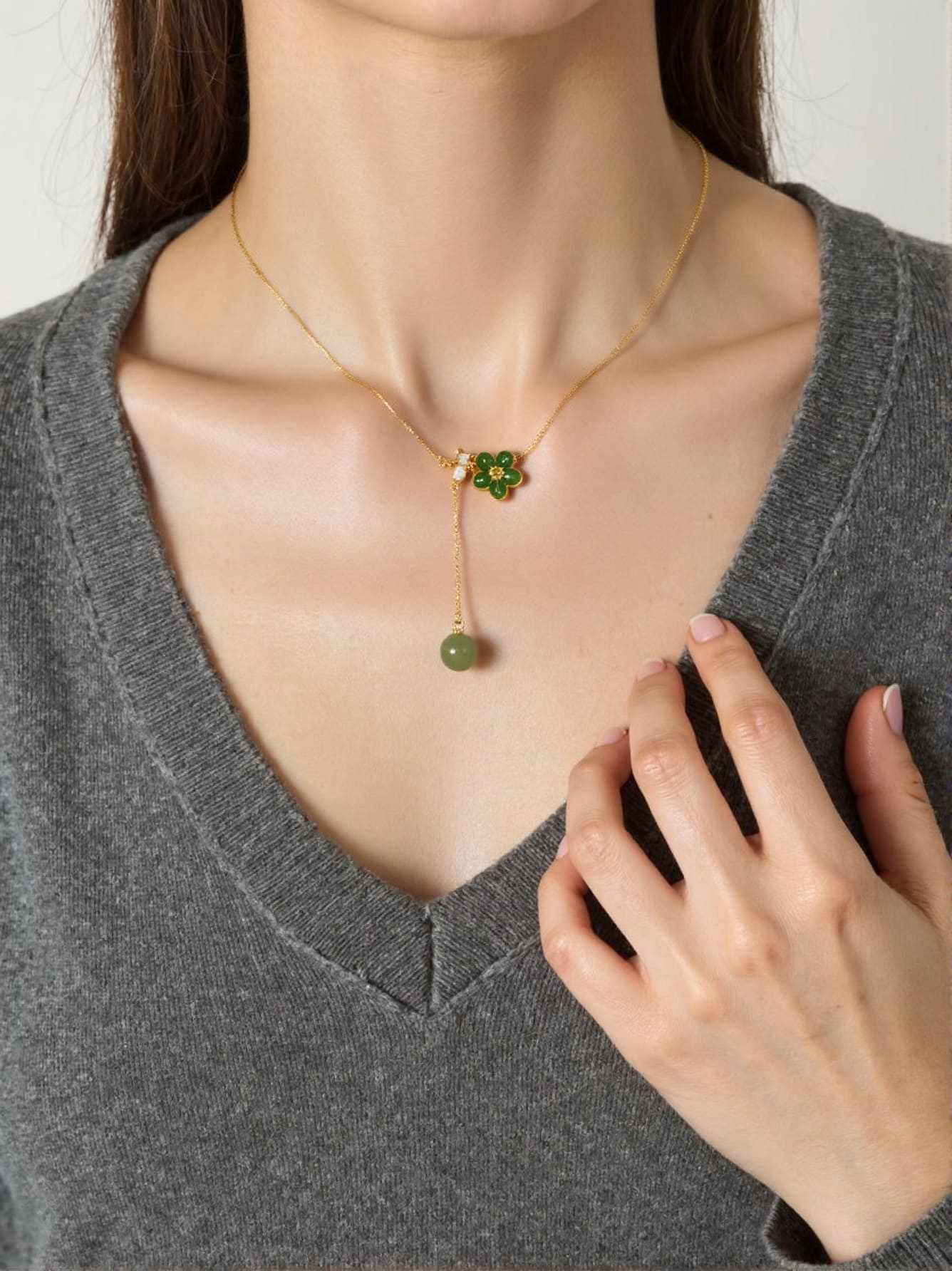 Green Jade Flower Lariat Necklace