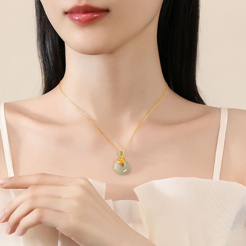 Gold Lotus & Jade Donut Pendant Necklace