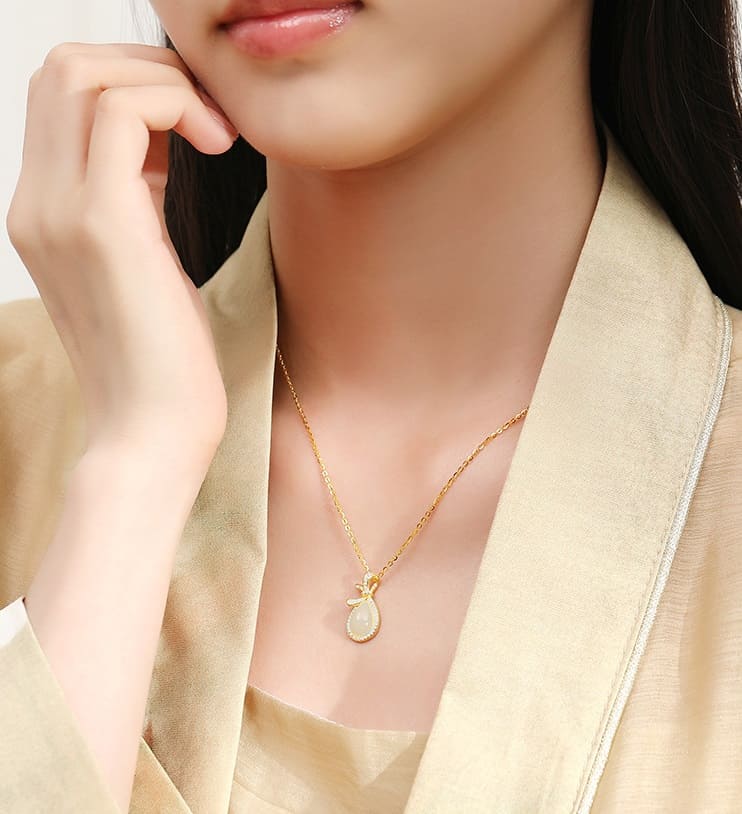 White Jade Teardrop Pendant Necklace with Bow