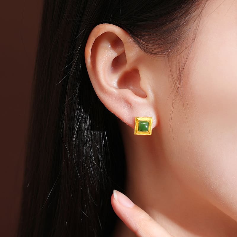 Classic Square Green Jade Stud Earrings