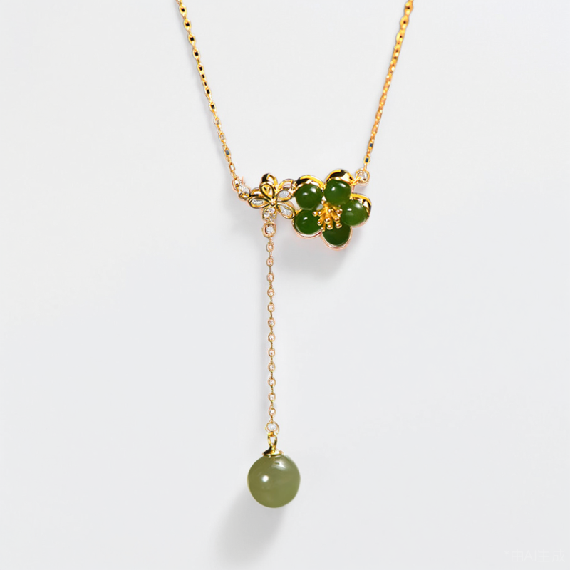 Green Jade Flower Lariat Necklace