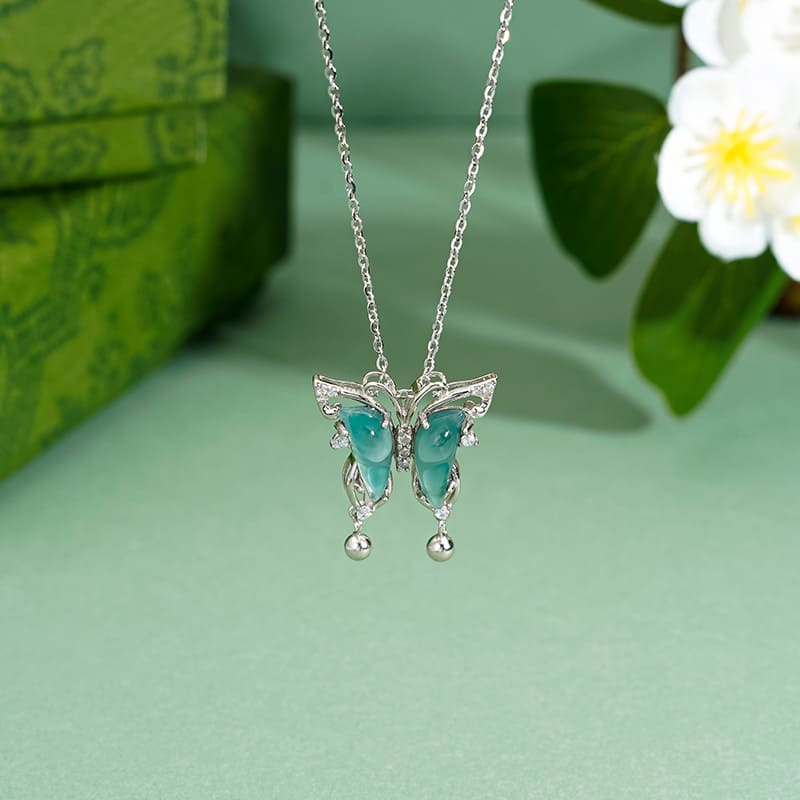 Twin Jade Butterfly Pendant Necklace