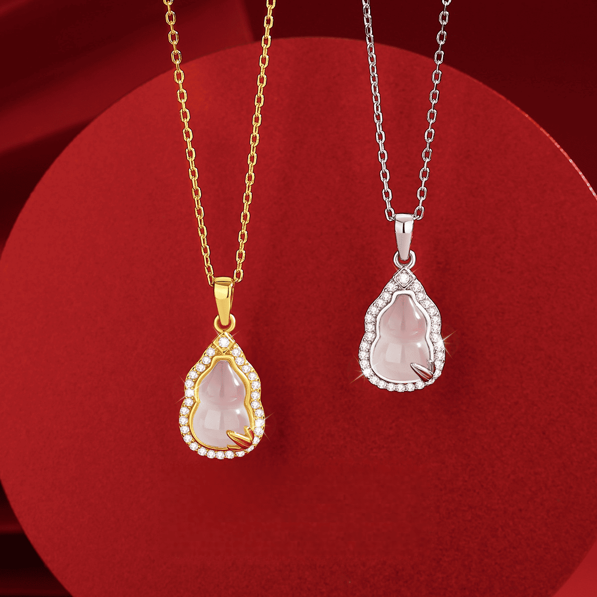 “Prosperous Gourd Gleam” Rose-Gold Plated Pink Jade Pendant Necklace