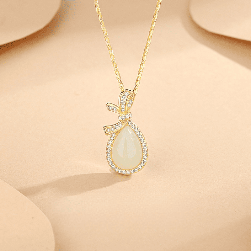 White Jade Teardrop Pendant Necklace with Bow