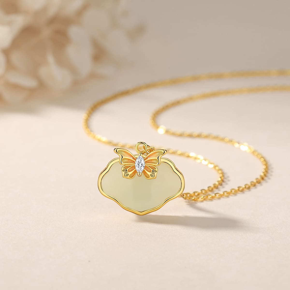 Butterfly Whisper Gold & White Jade Butterfly Pendant Necklace
