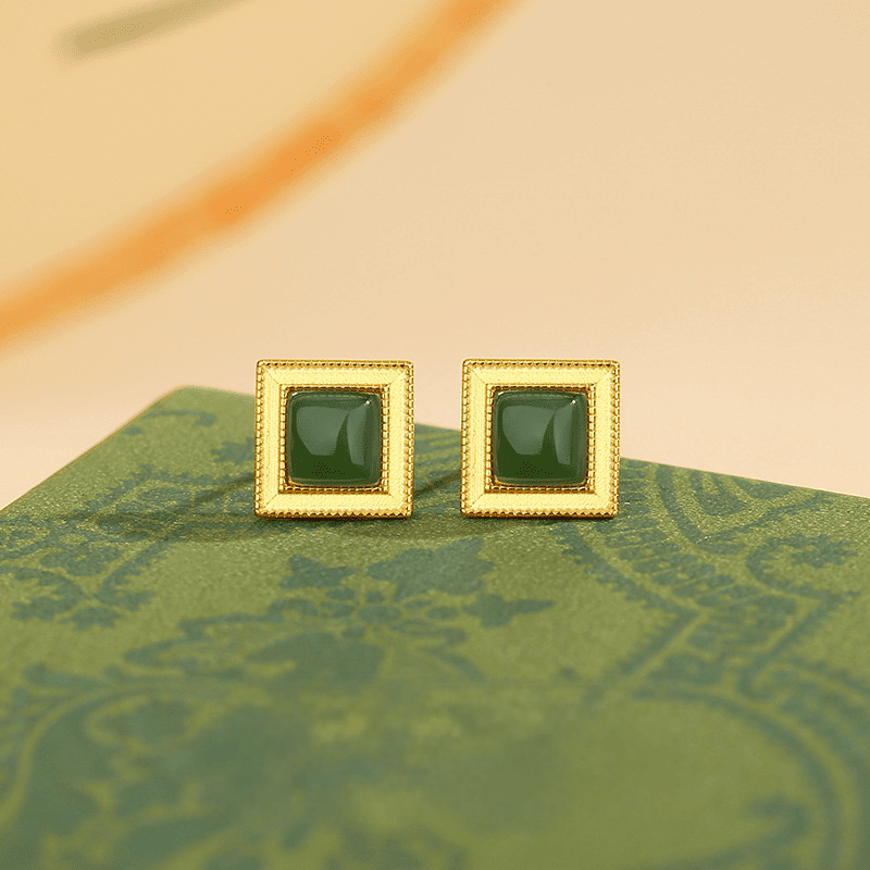Classic Square Green Jade Stud Earrings