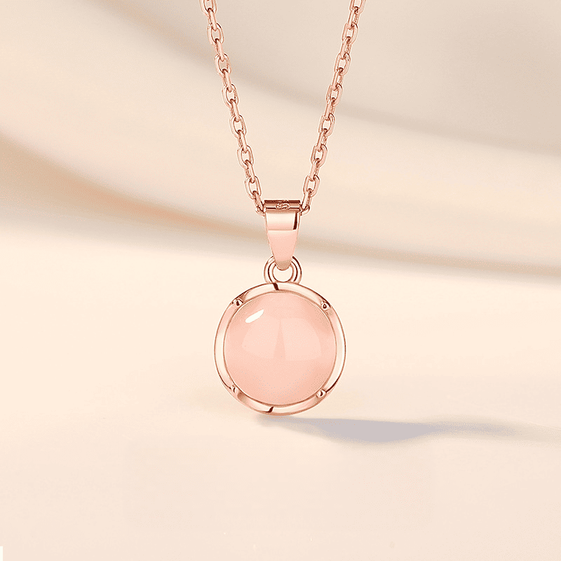Rose Gold Pink Jade Round Pendant Necklace