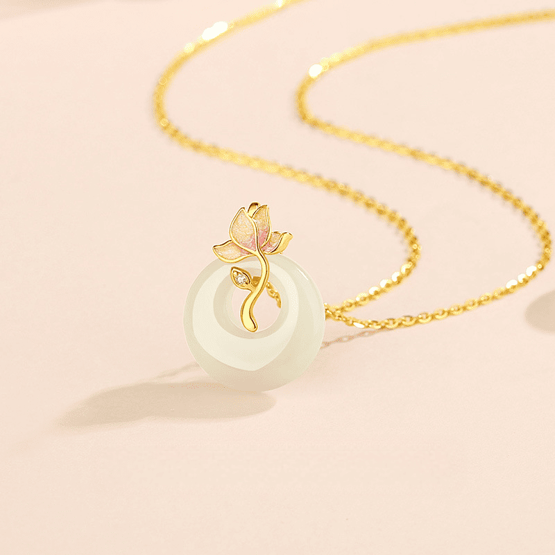 Lotus Blossom & White Jade Circle Pendant Necklace