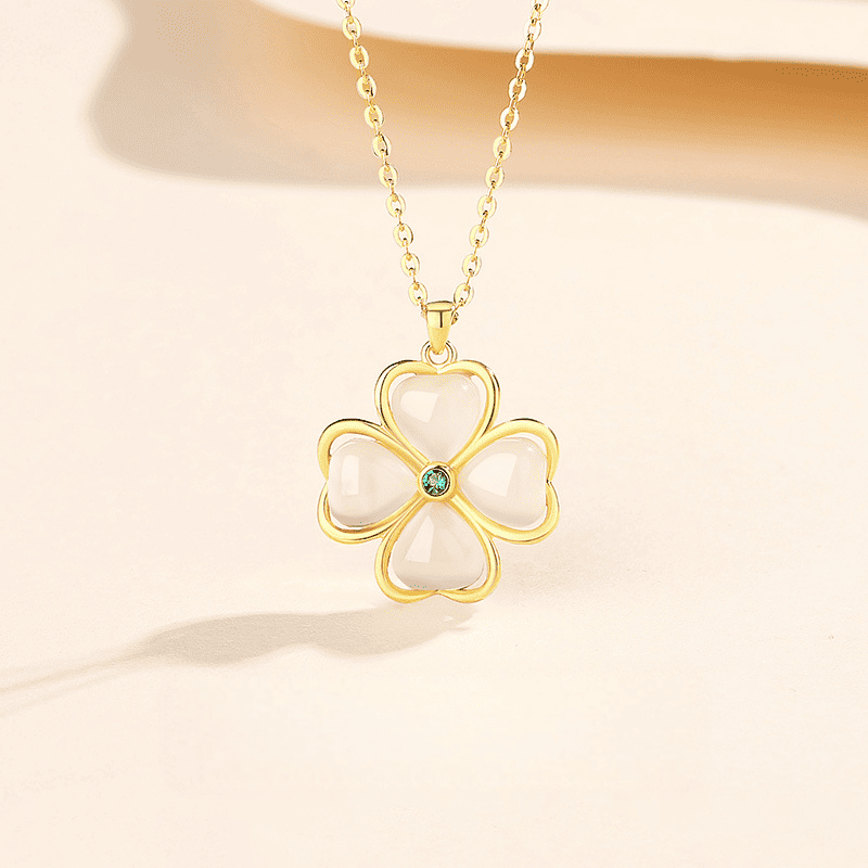 White Jade Four-Leaf Clover Luck Necklace