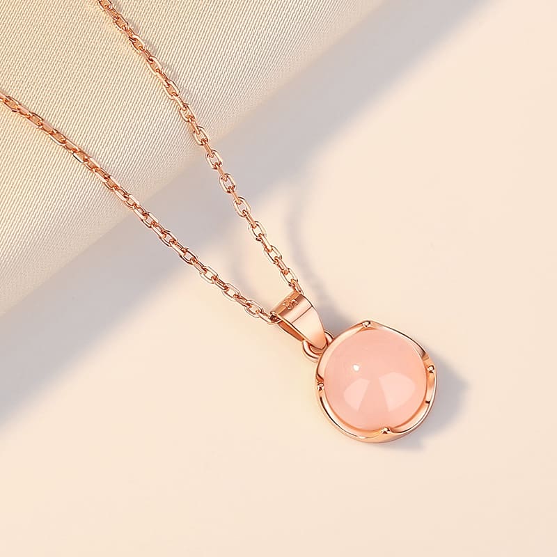 Rose Gold Pink Jade Round Pendant Necklace