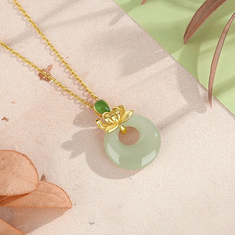 Gold Lotus & Jade Donut Pendant Necklace