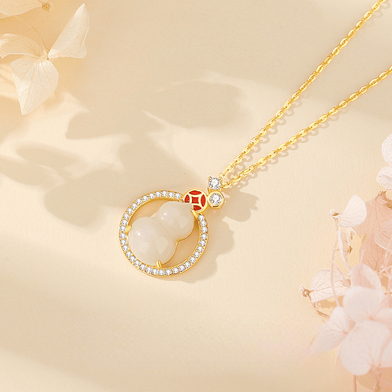 Fortune’s Embrace Gourd-in-Circle Gold-Plated Jade Pendant Necklace