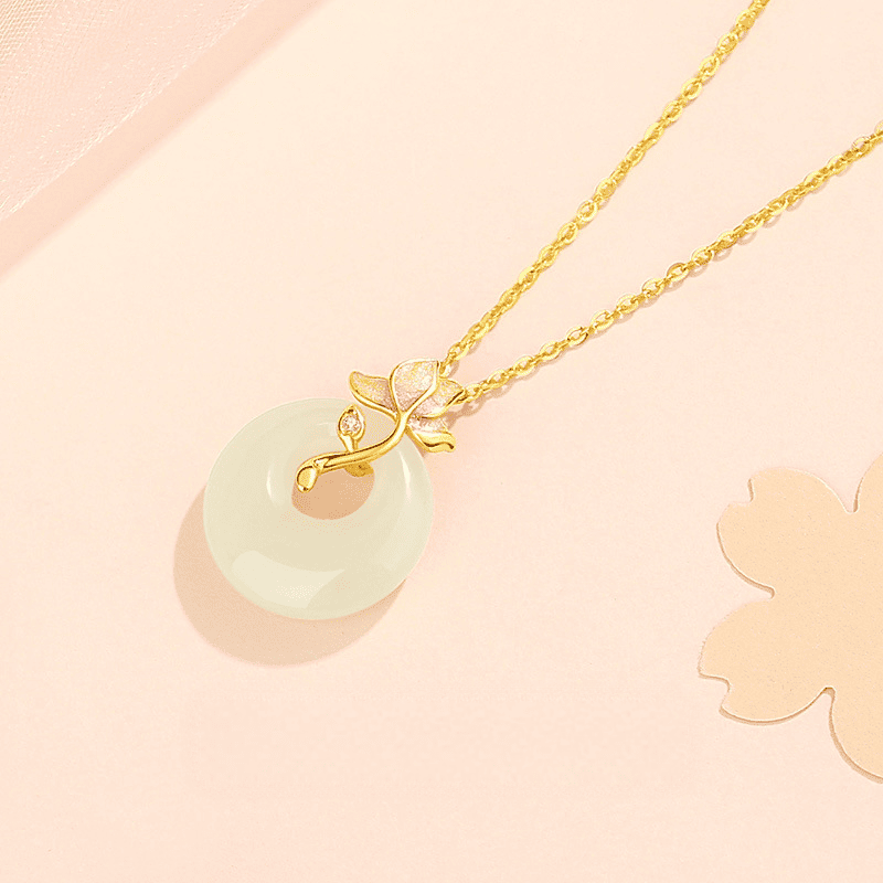 Lotus Blossom & White Jade Circle Pendant Necklace