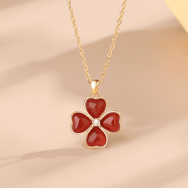Red Agate Four-Leaf Clover Necklace