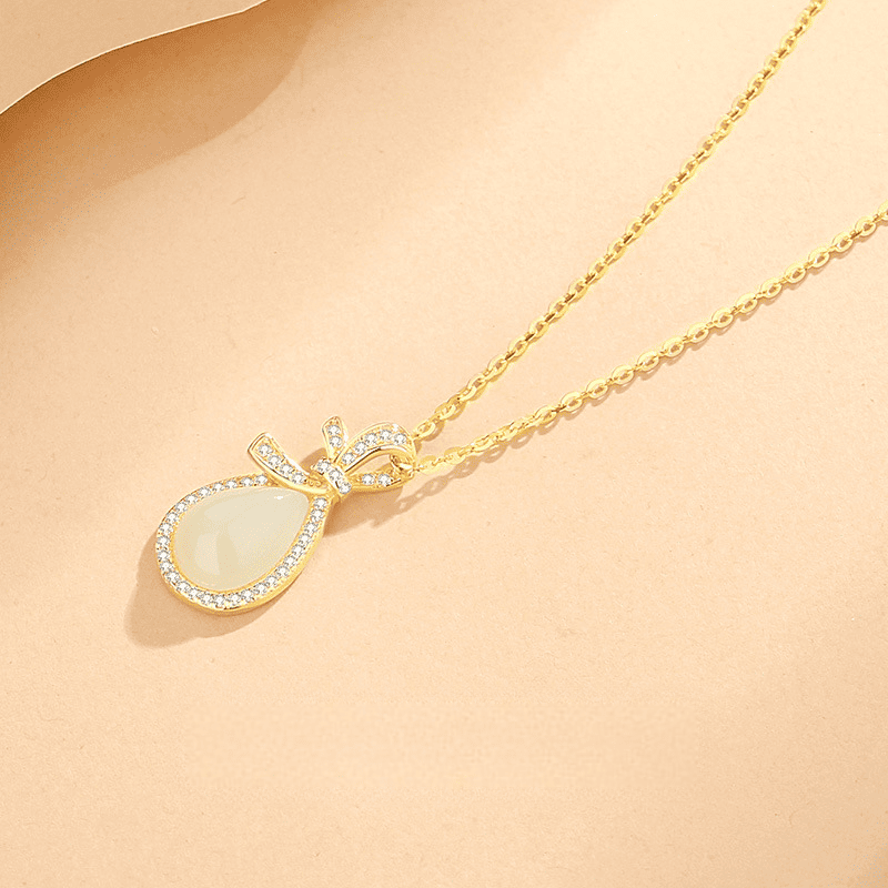 White Jade Teardrop Pendant Necklace with Bow