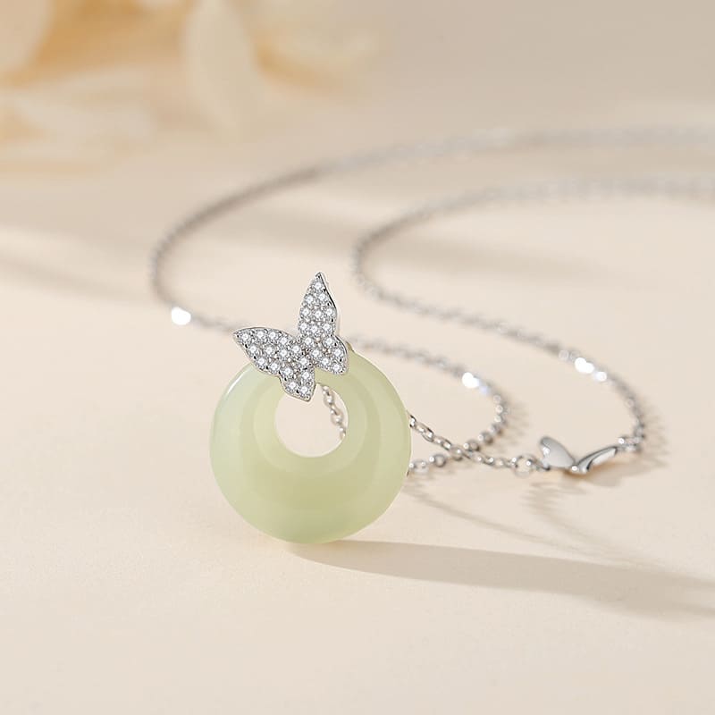 Ethereal Butterfly & Jade Circle Pendant Necklace