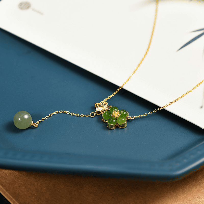 Green Jade Flower Lariat Necklace