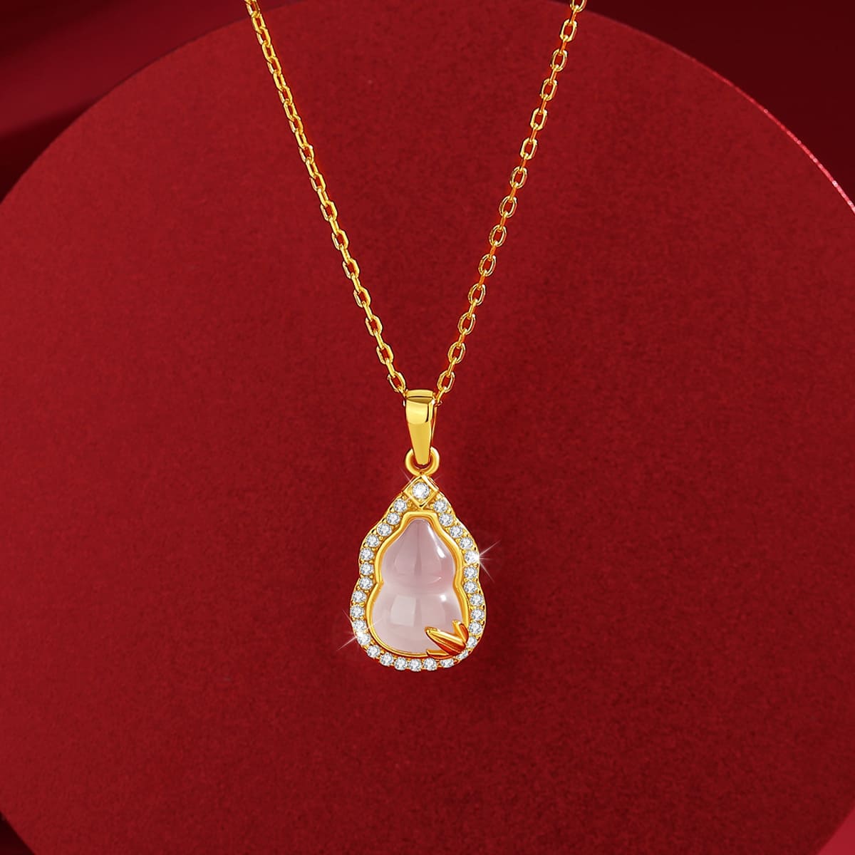 “Prosperous Gourd Gleam” Rose-Gold Plated Pink Jade Pendant Necklace