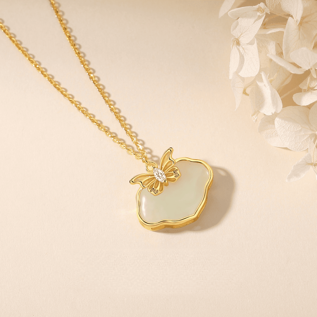 Butterfly Whisper Gold & White Jade Butterfly Pendant Necklace