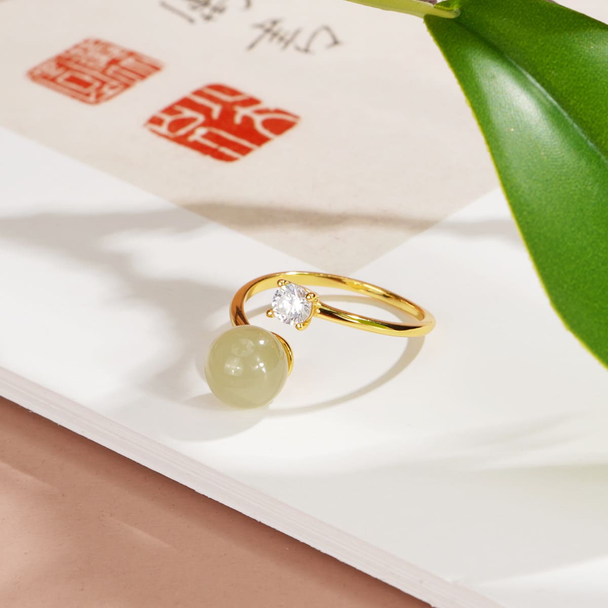 Jade Bead & Zircon Open Ring