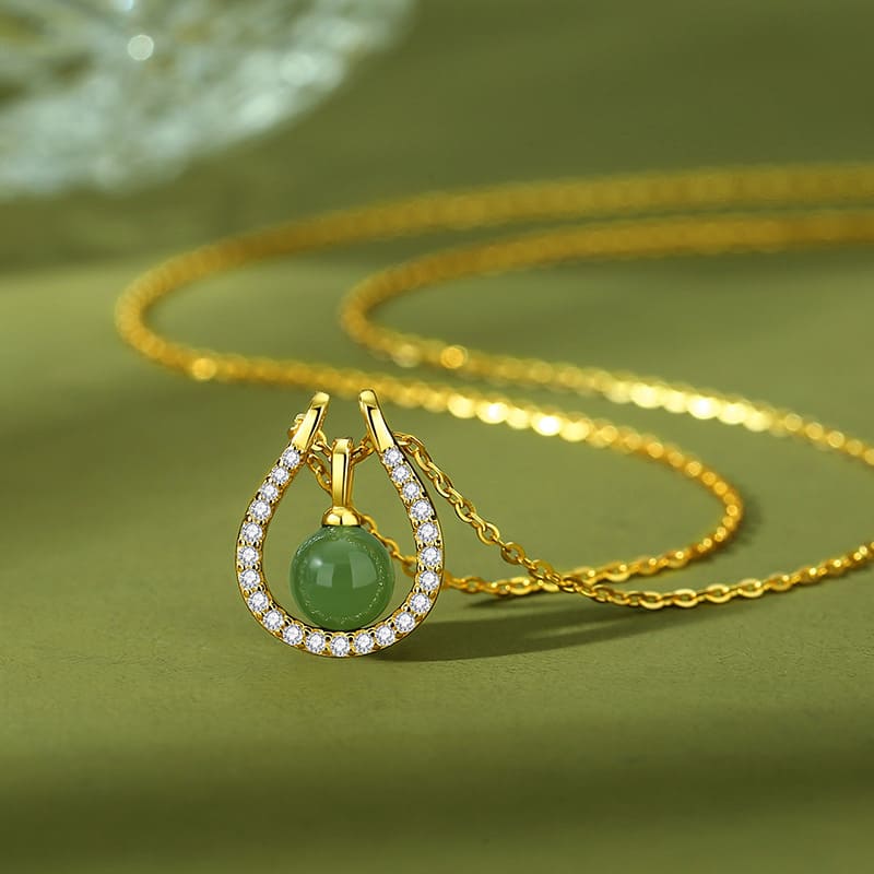 Lucky Loop Green Jade & Crystal Horseshoe Necklace
