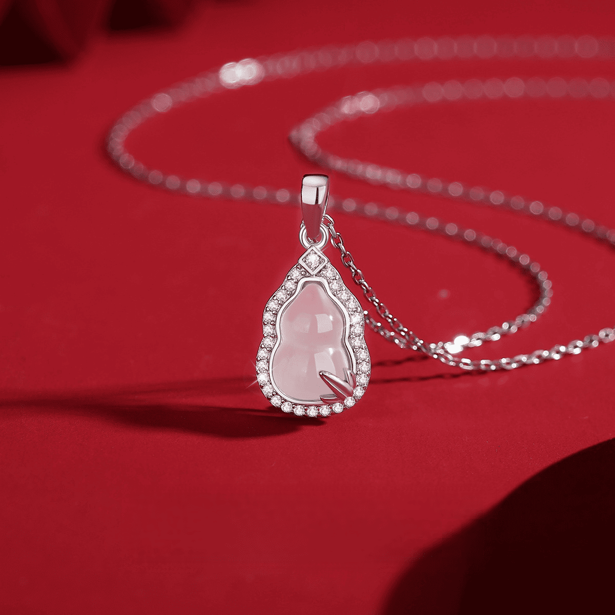 “Prosperous Gourd Gleam” Rose-Gold Plated Pink Jade Pendant Necklace
