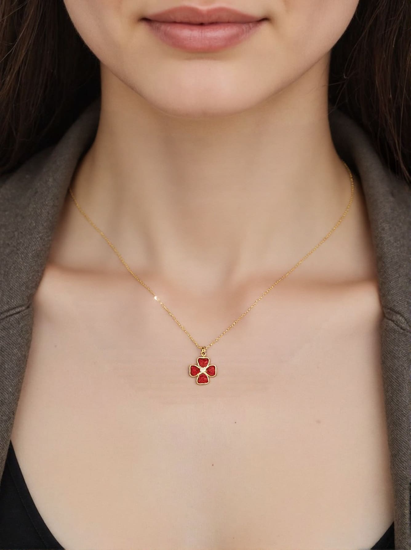 Red Agate Four-Leaf Clover Necklace