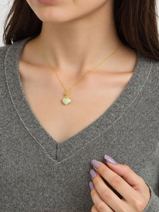 Golden Clover Blossom Jade Ru Yi Necklace