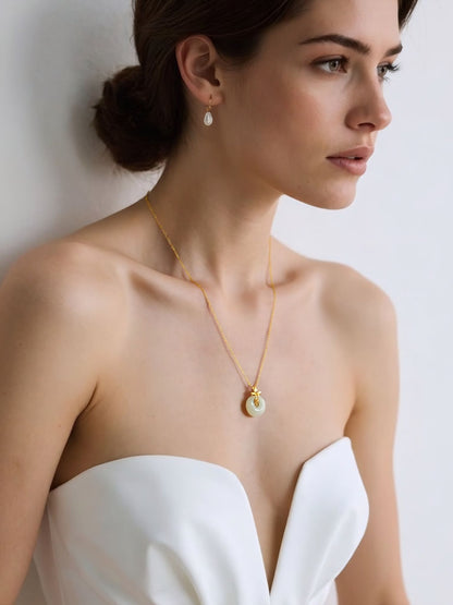 Lotus Blossom & White Jade Circle Pendant Necklace