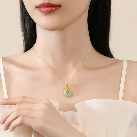 Gold Lotus & Jade Donut Pendant Necklace