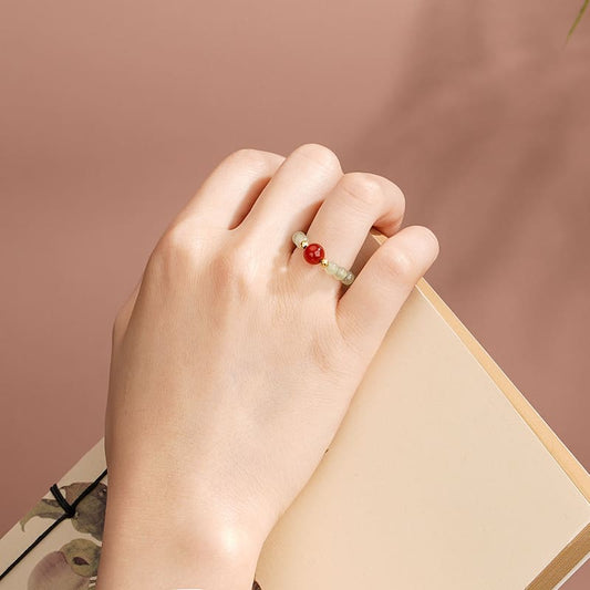 Red Agate & Jade Beaded Ring