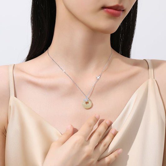 Ethereal Butterfly & Jade Circle Pendant Necklace