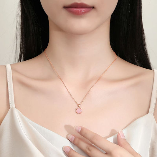Rose Gold Pink Jade Round Pendant Necklace