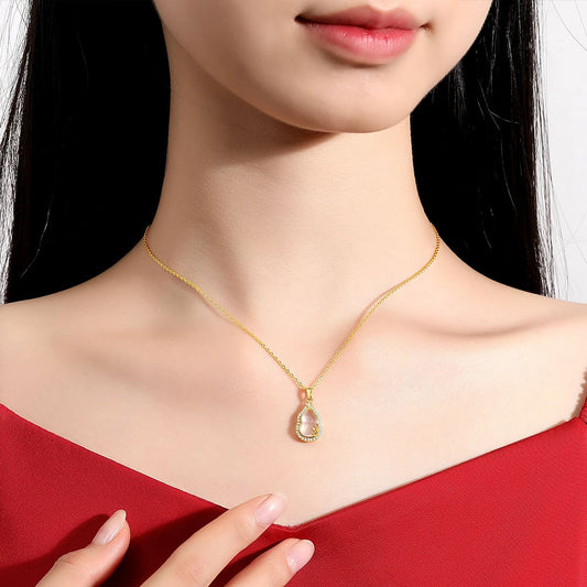 “Prosperous Gourd Gleam” Rose-Gold Plated Pink Jade Pendant Necklace