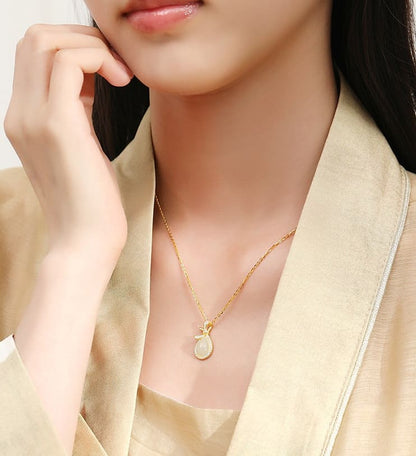 White Jade Teardrop Pendant Necklace with Bow