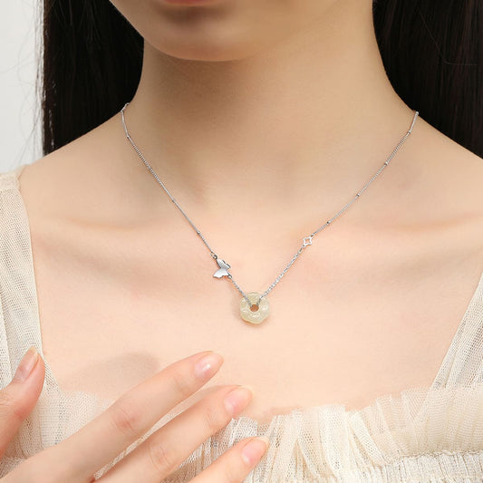 Emerald Bloom Double-Strand Silver & Jade Butterfly Pendant Necklace