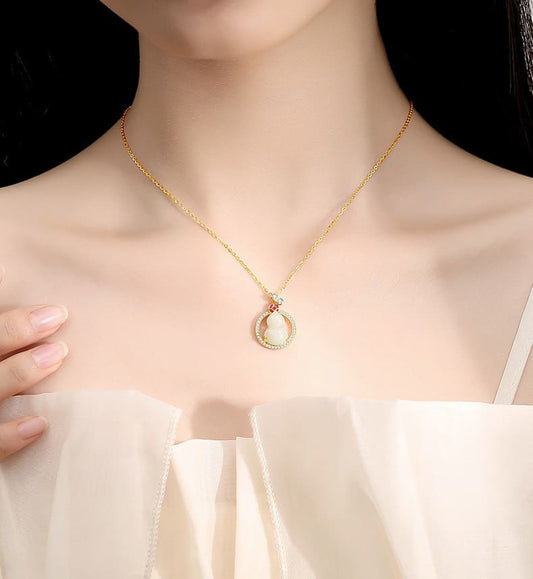 Fortune’s Embrace Gourd-in-Circle Gold-Plated Jade Pendant Necklace