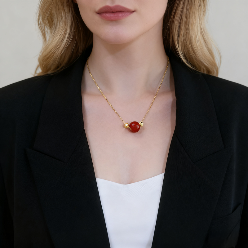 Elegant Red Jade Bead Necklace with Gold Accents