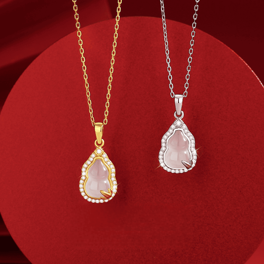 “Prosperous Gourd Gleam” Rose-Gold Plated Pink Jade Pendant Necklace