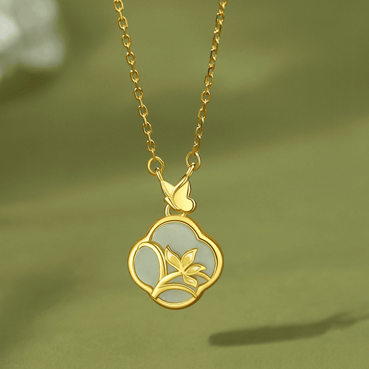 Butterfly and Lotus Jade Pendant Necklace