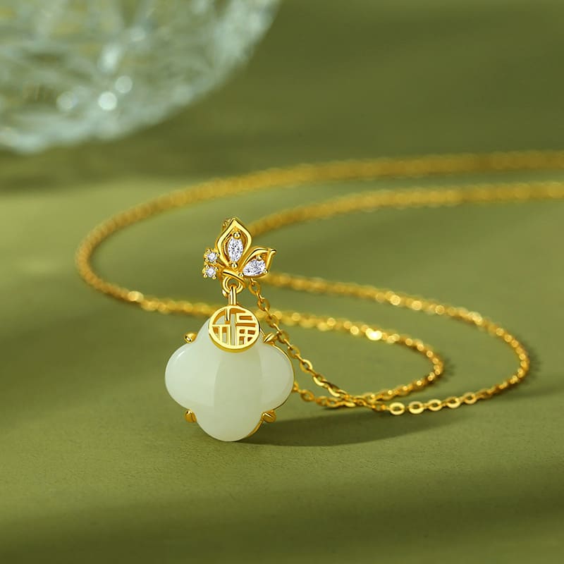 Golden Clover Blossom Jade Ru Yi Necklace