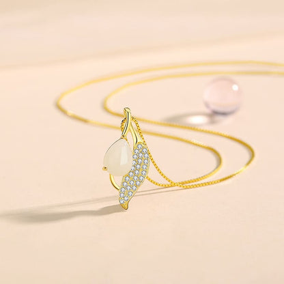 “Dew-Kissed Leaf” Teardrop Jade & Pavé Crystal Necklace