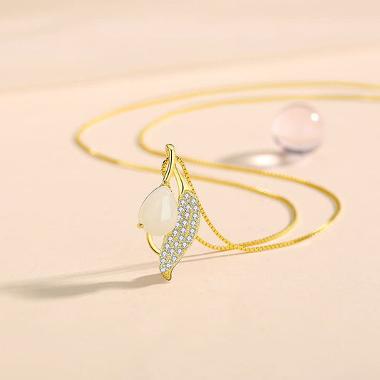 “Dew-Kissed Leaf” Teardrop Jade & Pavé Crystal Necklace