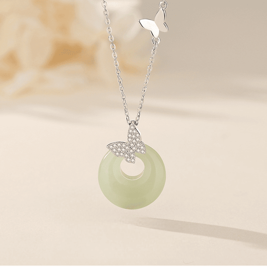 Ethereal Butterfly & Jade Circle Pendant Necklace