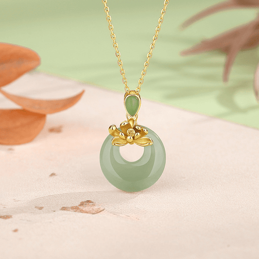 Gold Lotus & Jade Donut Pendant Necklace