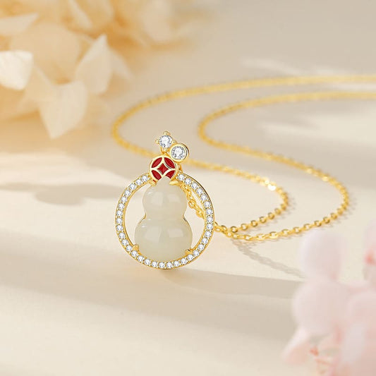 Fortune’s Embrace Gourd-in-Circle Gold-Plated Jade Pendant Necklace