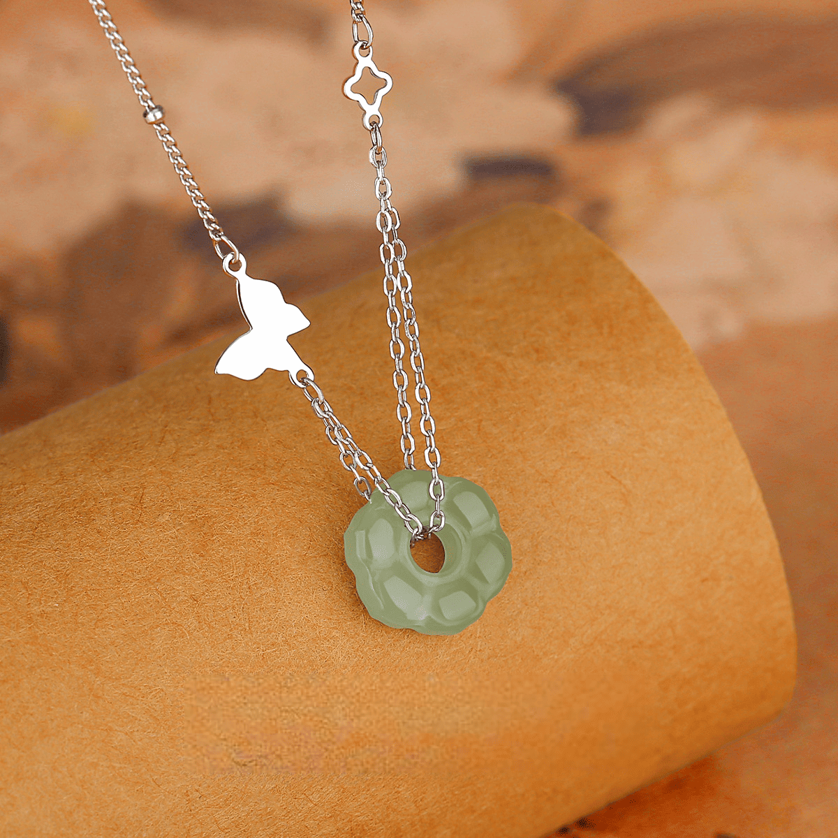 Emerald Bloom Double-Strand Silver & Jade Butterfly Pendant Necklace