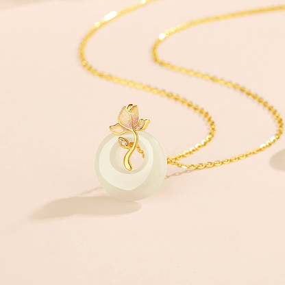 Lotus Blossom & White Jade Circle Pendant Necklace