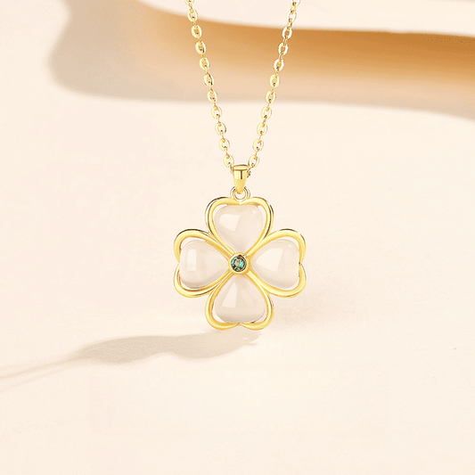 White Jade Four-Leaf Clover Luck Necklace